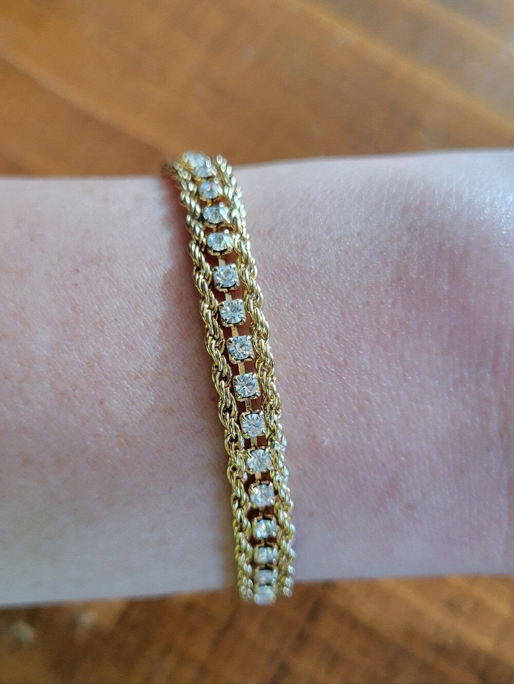 Vintage 80s 90s Rhinestone Tennis Bracelet Gold Tone Double Rope Fold Clasp